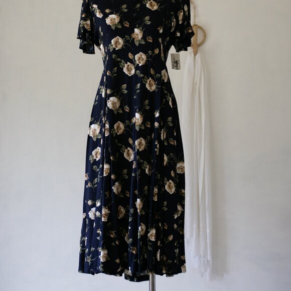 NWT 80's 90's Navy Blue Dead Stock Long Midi Dress/Flutter Sleeves - Picture 3 of 10
